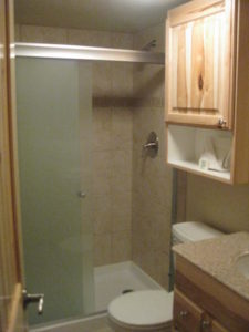 Standing shower with glass wall next to toilet