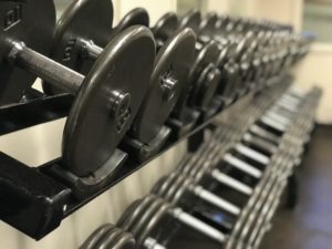 Dumbbells on rack in fitness center at Vail Racquet Club