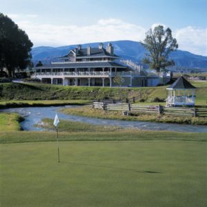 Gypsum Creek Golf Course view of clubhouse from green