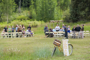 Wedding reception in field with bicycle