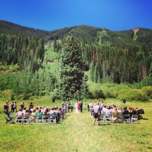 Wedding ceremony in front of large tree in a meadow