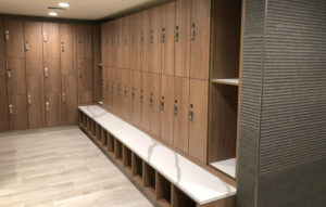 Lockers and bench in a locker room