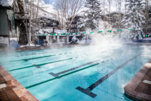 Steaming outdoor lap pool during winter